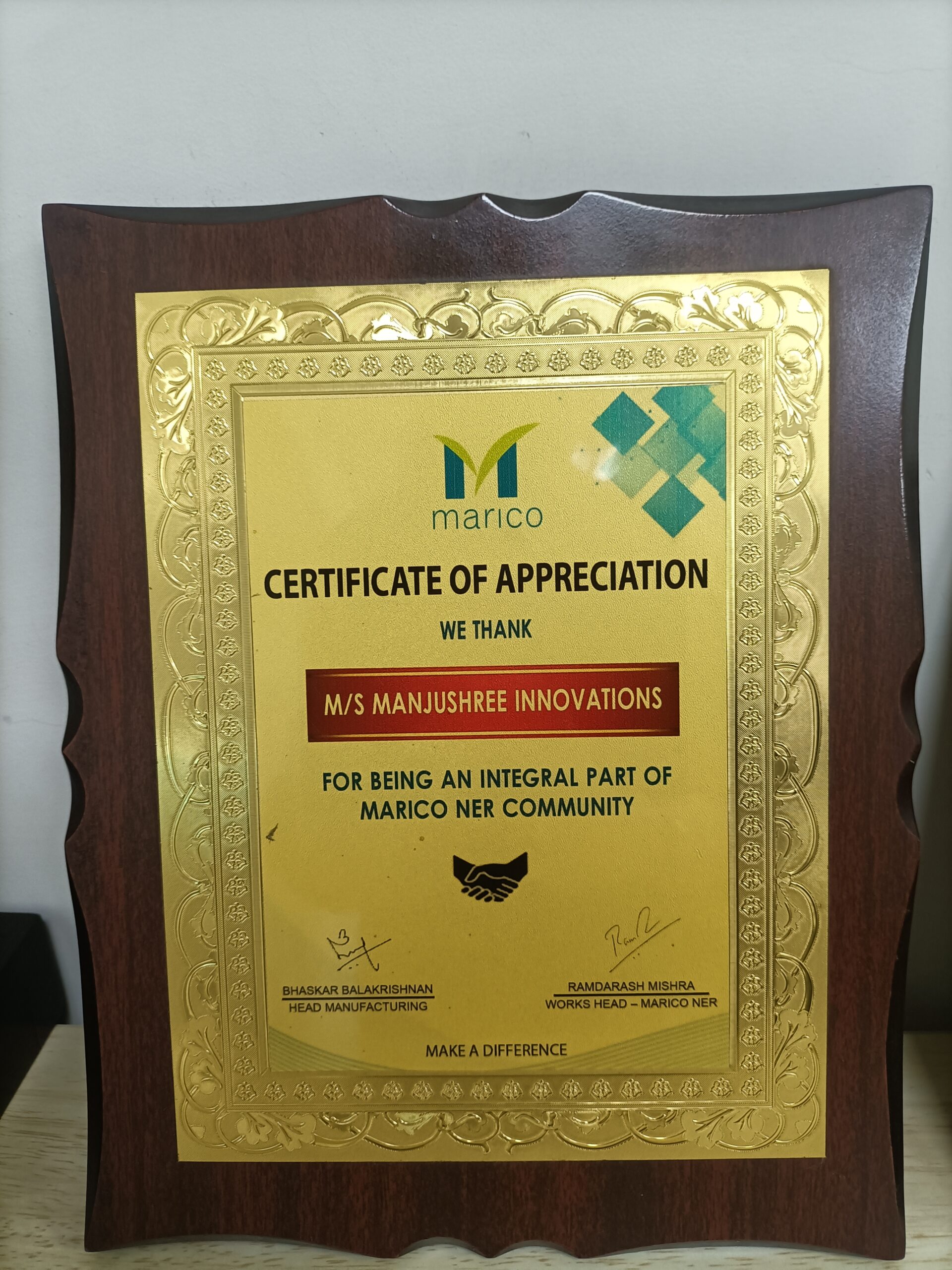 Certificate of Appreciation for being an integral part of Marico